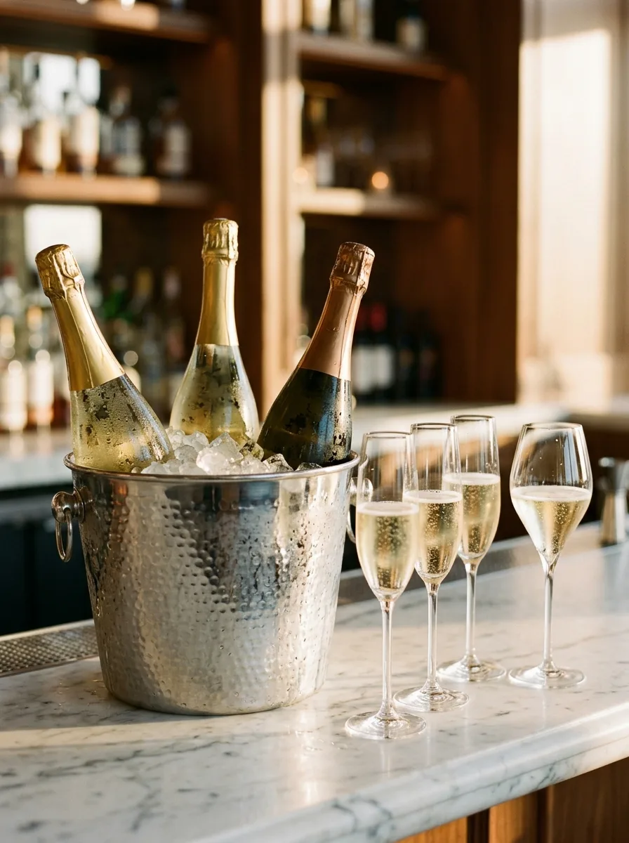 Bottles of prosecco, champagne, and non-alcoholic sparkling wine in an ice bucket without labels.