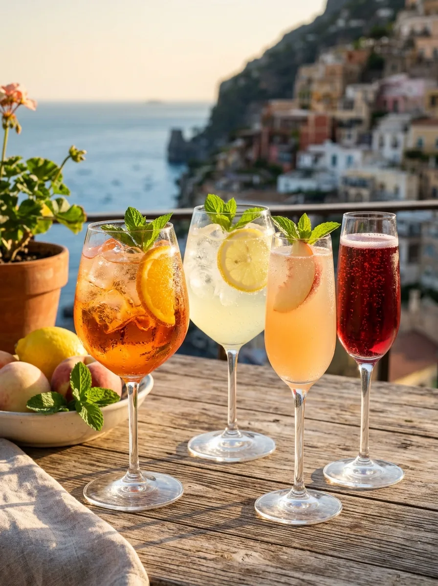 All six sparkling cocktails lined up on a sunny terrace table.