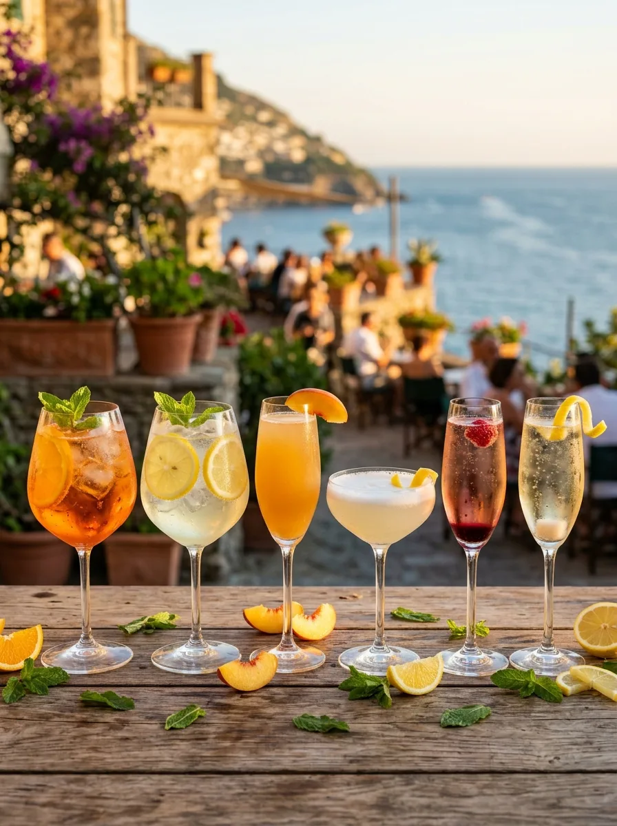 Sparkling cocktails on a sunny terrace: an orange Aperol spritz, a pale yellow limoncello spritz, a peach Bellini, and a ruby Kir Royale in a flute.