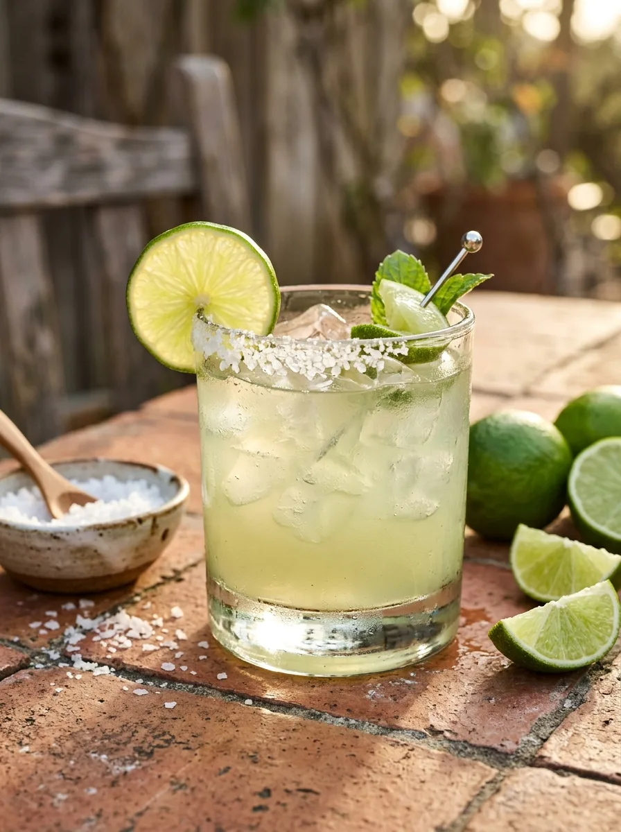 A classic margarita on the rocks with a salt rim and a lime wheel.