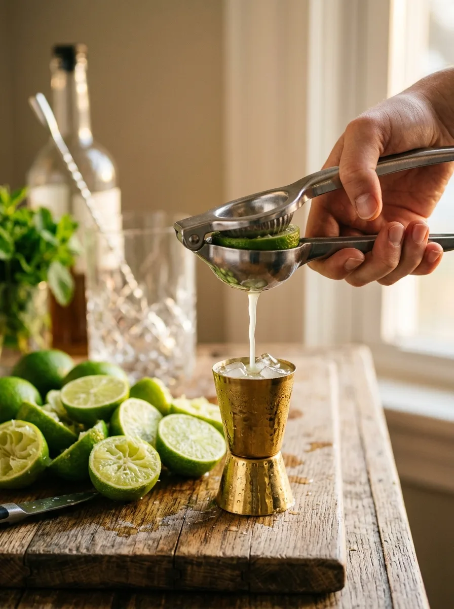 Limes being squeezed with a hand press into a jigger.