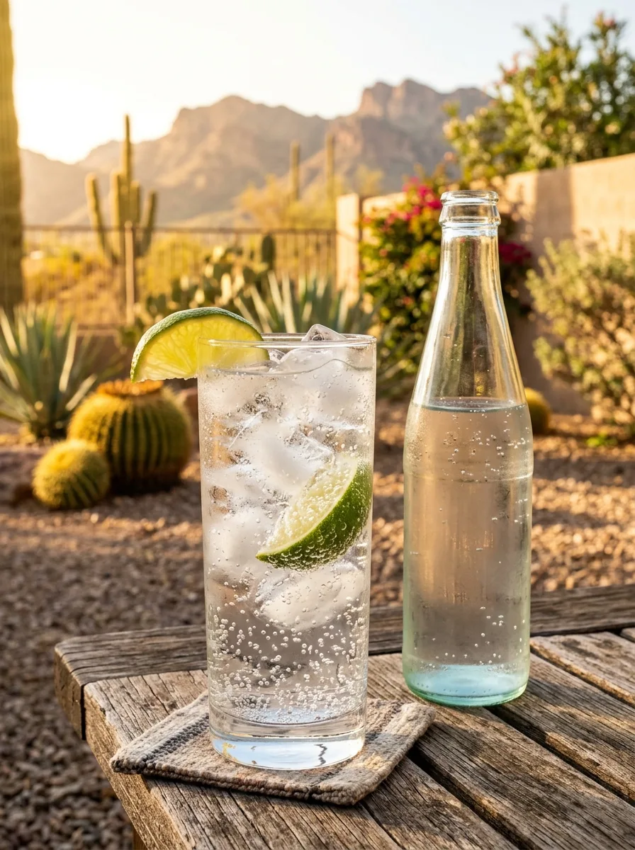A tall ranch water in a highball with lime wedges and sparkling mineral water.