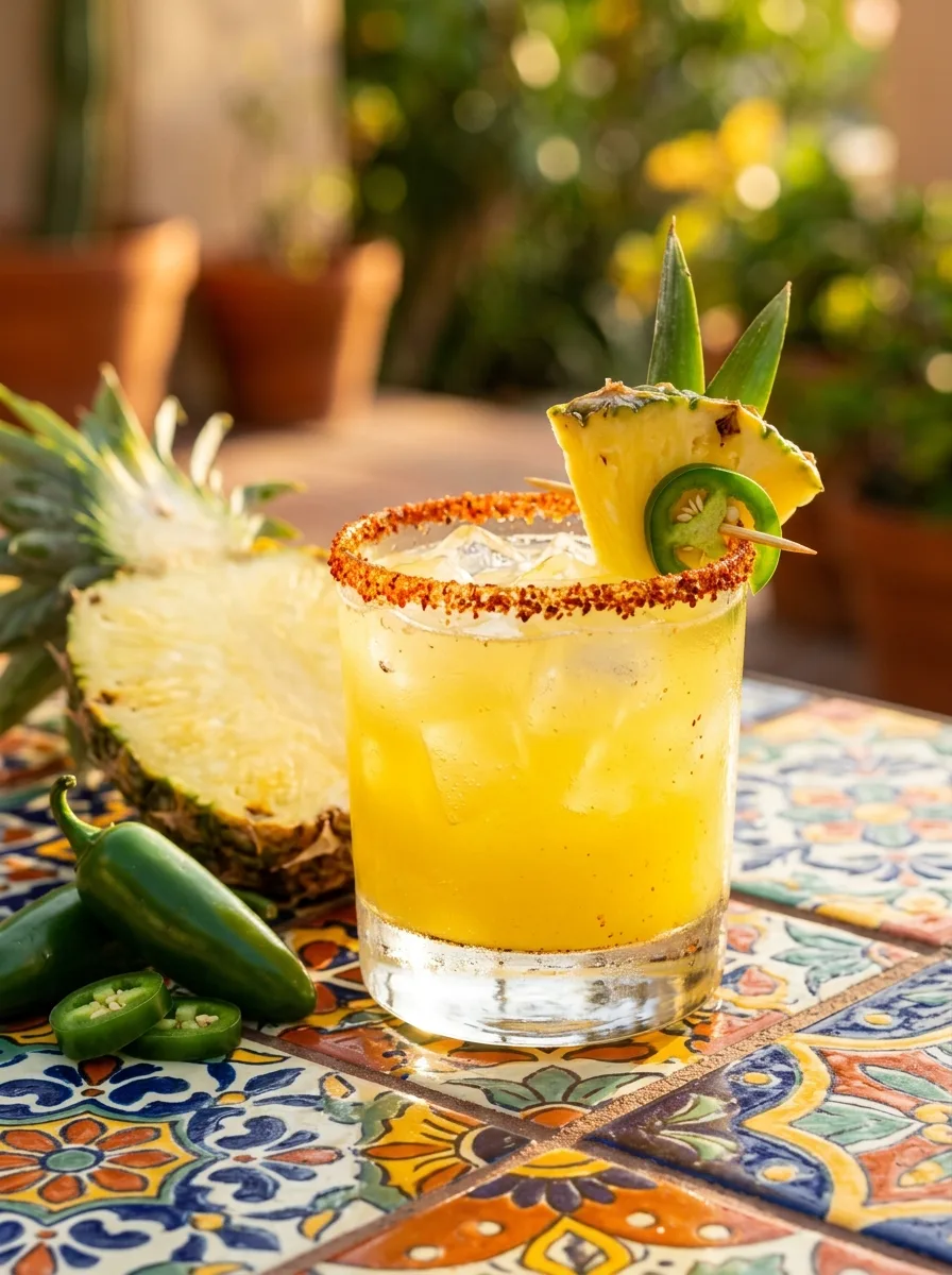 A spicy pineapple margarita with a chili-salt rim, pineapple wedge, and jalapeño slice.