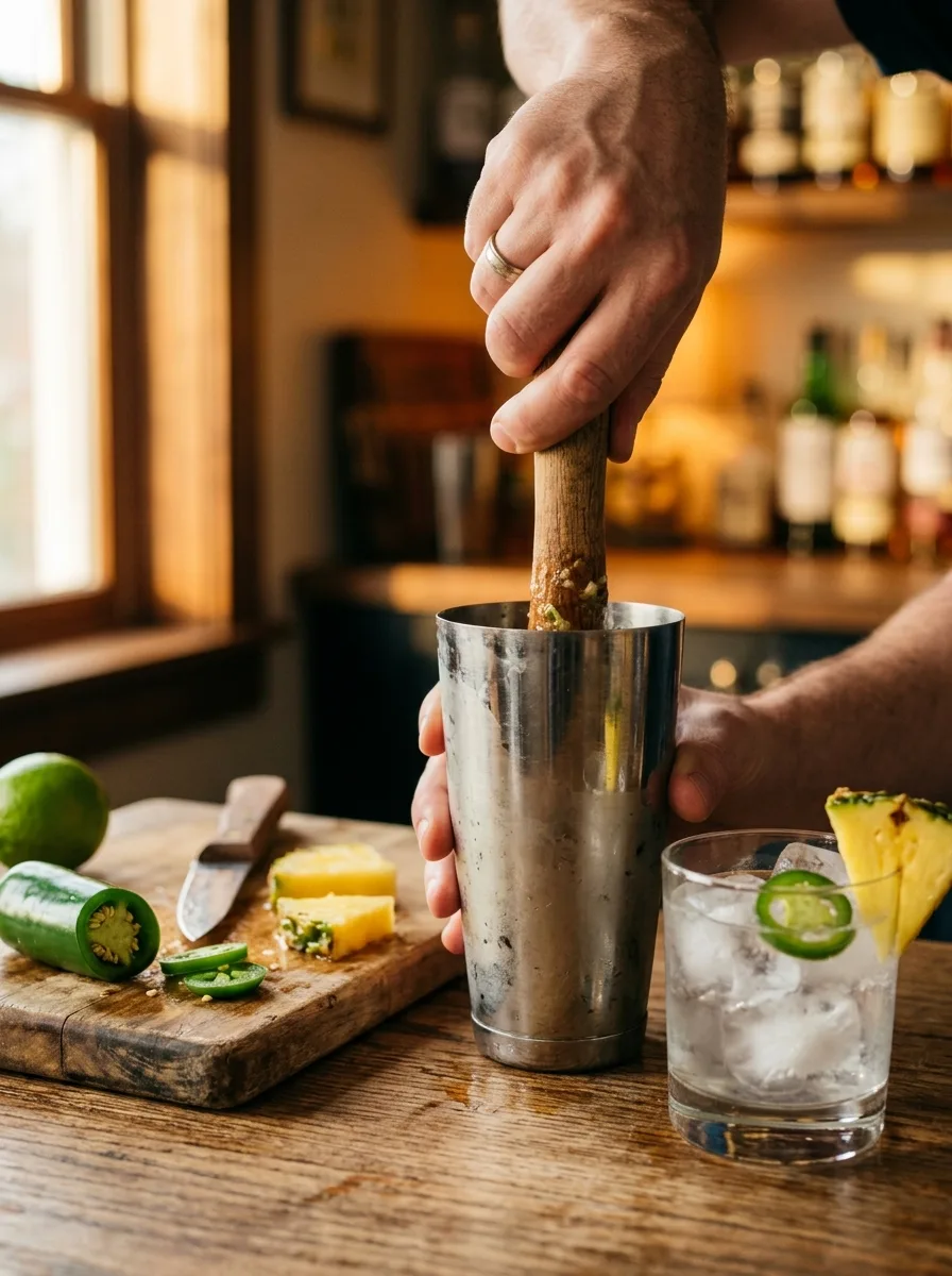 Jalapeño slices being muddled in a shaker with pineapple.