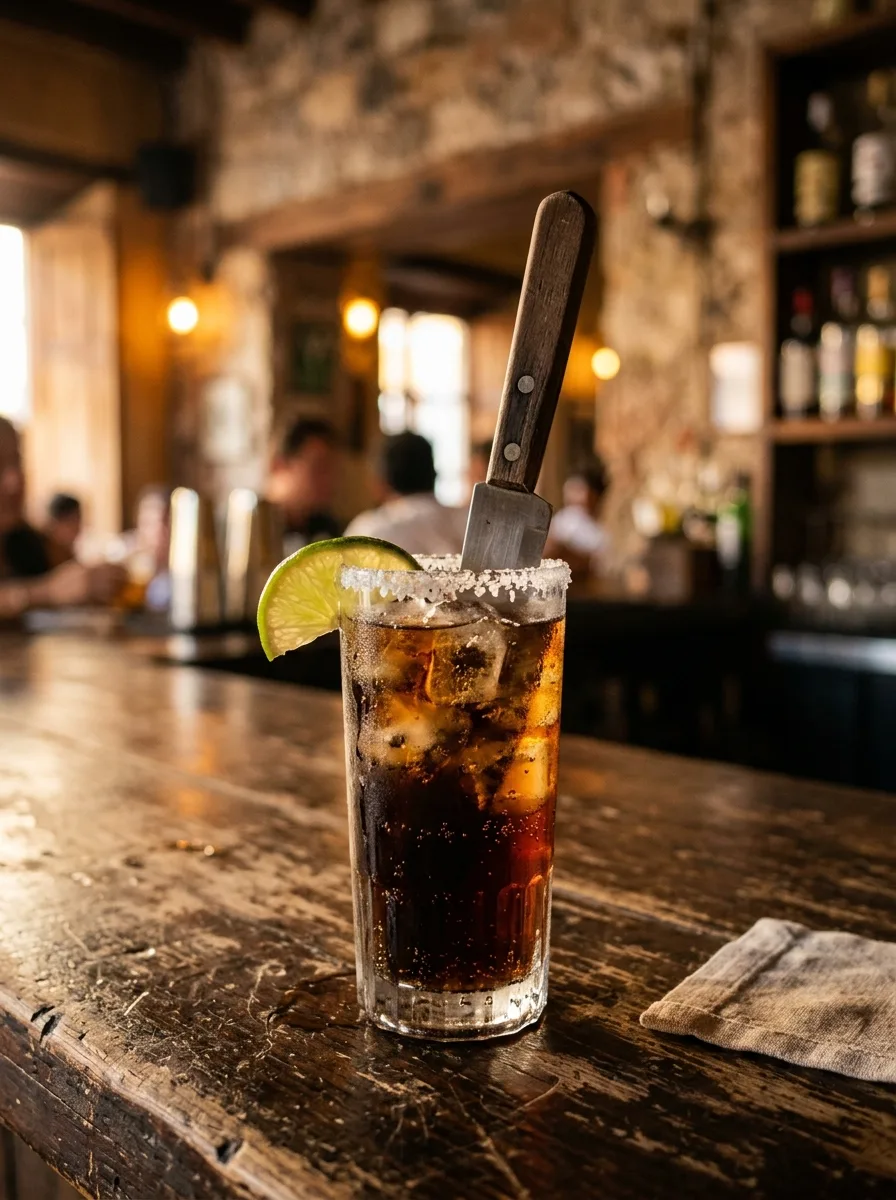 A batanga in a tall glass with cola, a salt rim, and a lime wedge, with a knife as a stirrer.