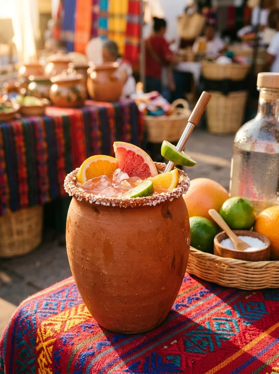 A cantarito in a clay cup with orange, grapefruit, and lime wedges and a salt rim.