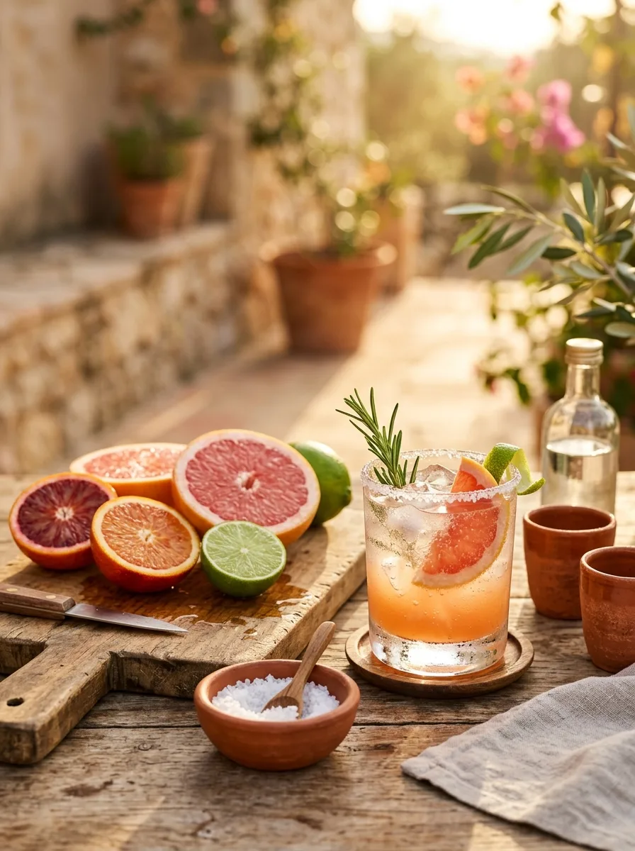 Oranges, grapefruits, and limes halved on a board next to clay cups.