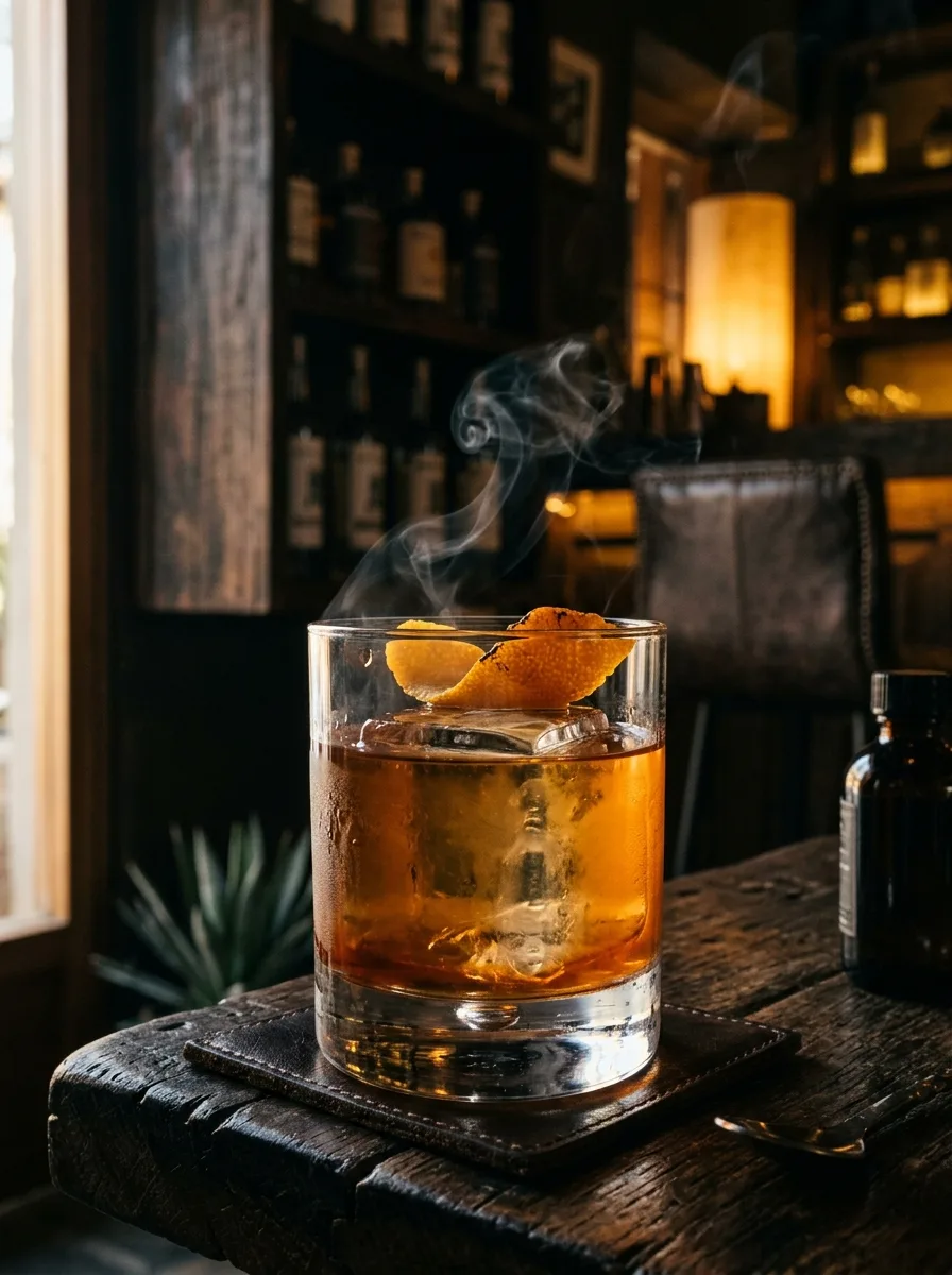 An Oaxaca old fashioned in a rocks glass over a large cube with a flamed orange peel.