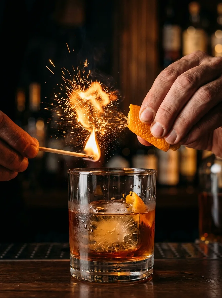 A lit orange peel sparking over a rocks glass.