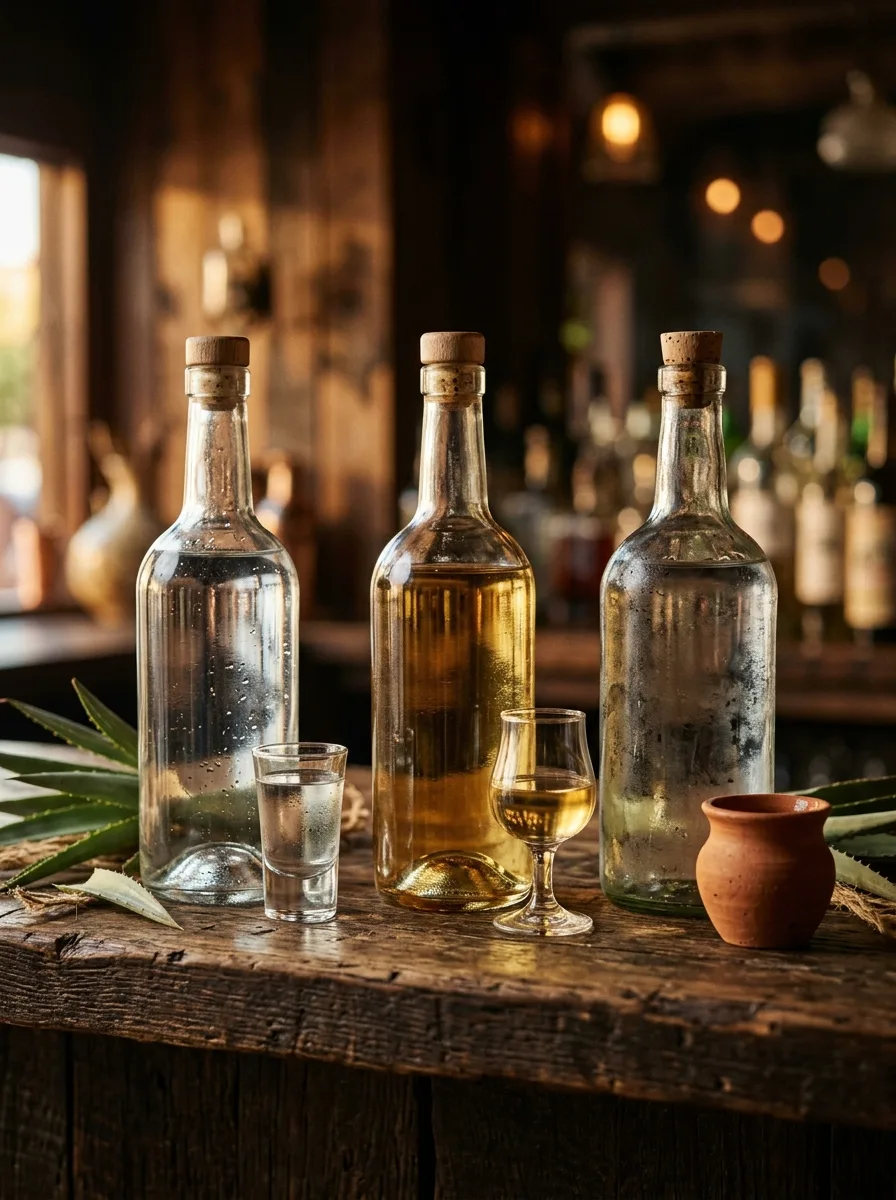 Bottles of blanco and reposado tequila and mezcal without labels on a bar shelf.