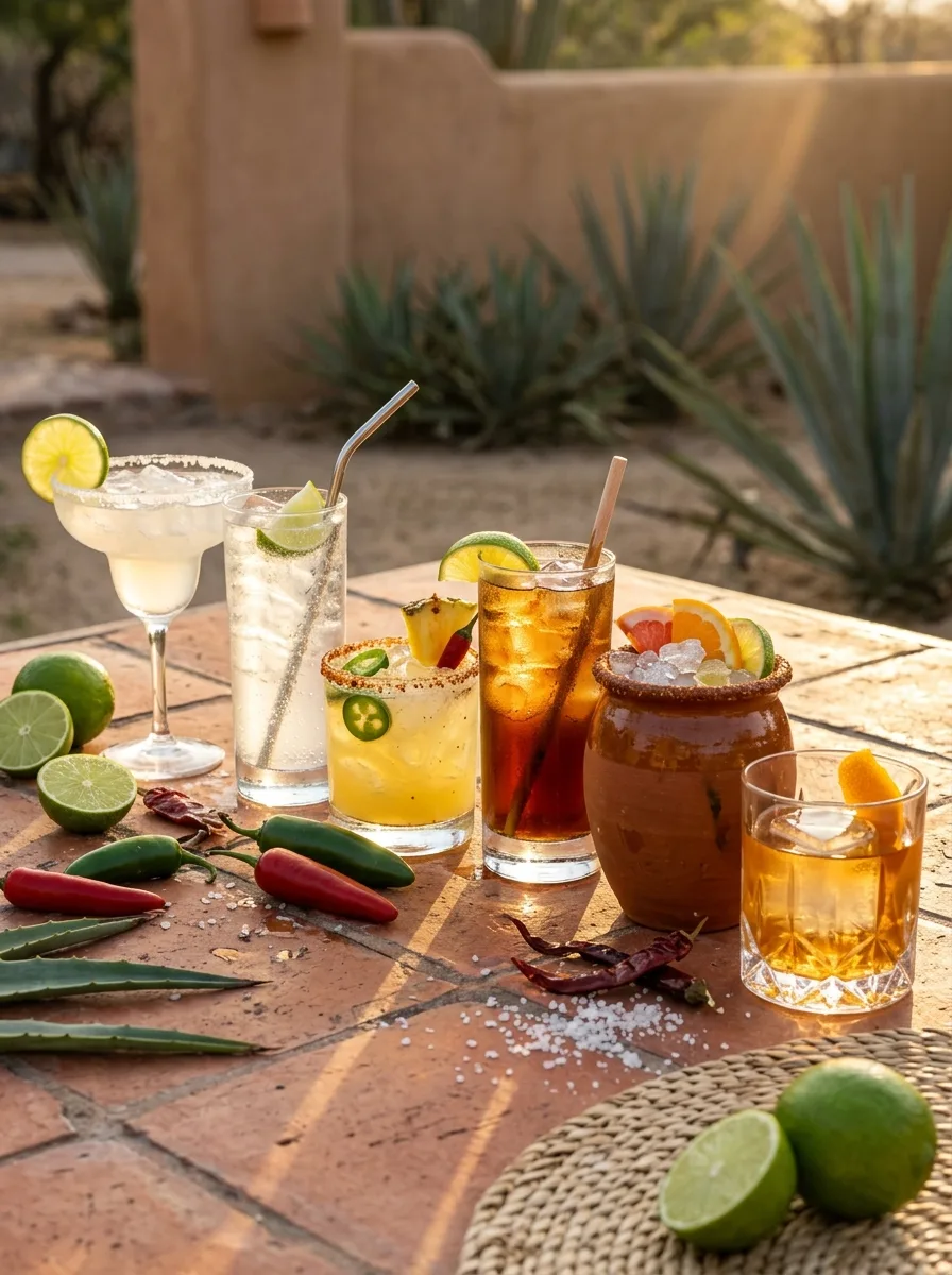All six tequila cocktails lined up on a sunny tiled table.