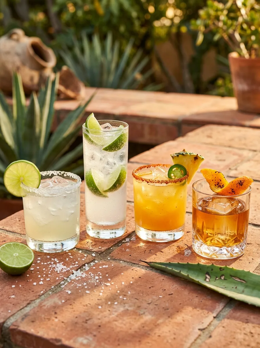 Tequila cocktails on a sunny terracotta table: a salt-rimmed margarita, a tall ranch water with lime, a chili-rimmed pineapple margarita, and a smoky old fashioned.