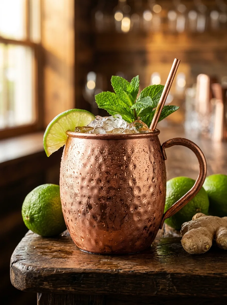 A Moscow mule in a frosty copper mug with a lime wedge and mint sprig.