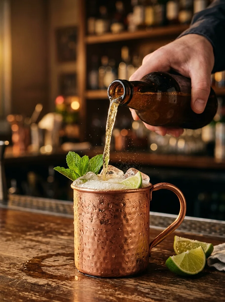 Ginger beer being poured into a copper mug full of ice.