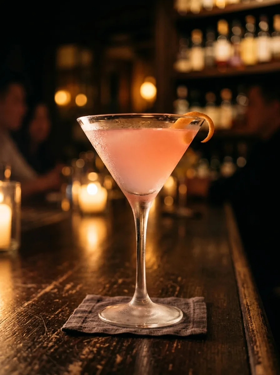 A pale pink cosmopolitan in a martini glass with a flamed orange twist.