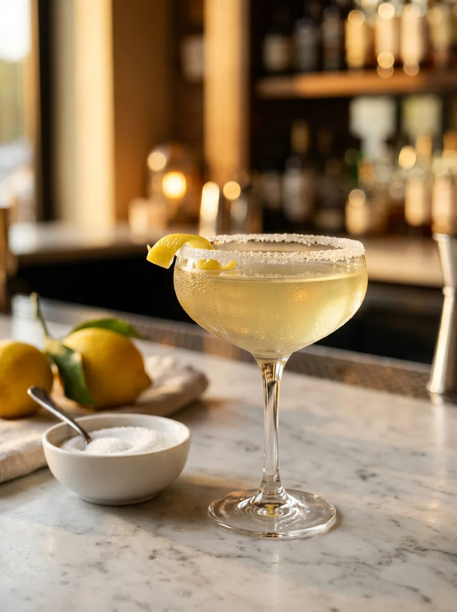 A lemon drop martini in a coupe with a sugared rim and a lemon twist.