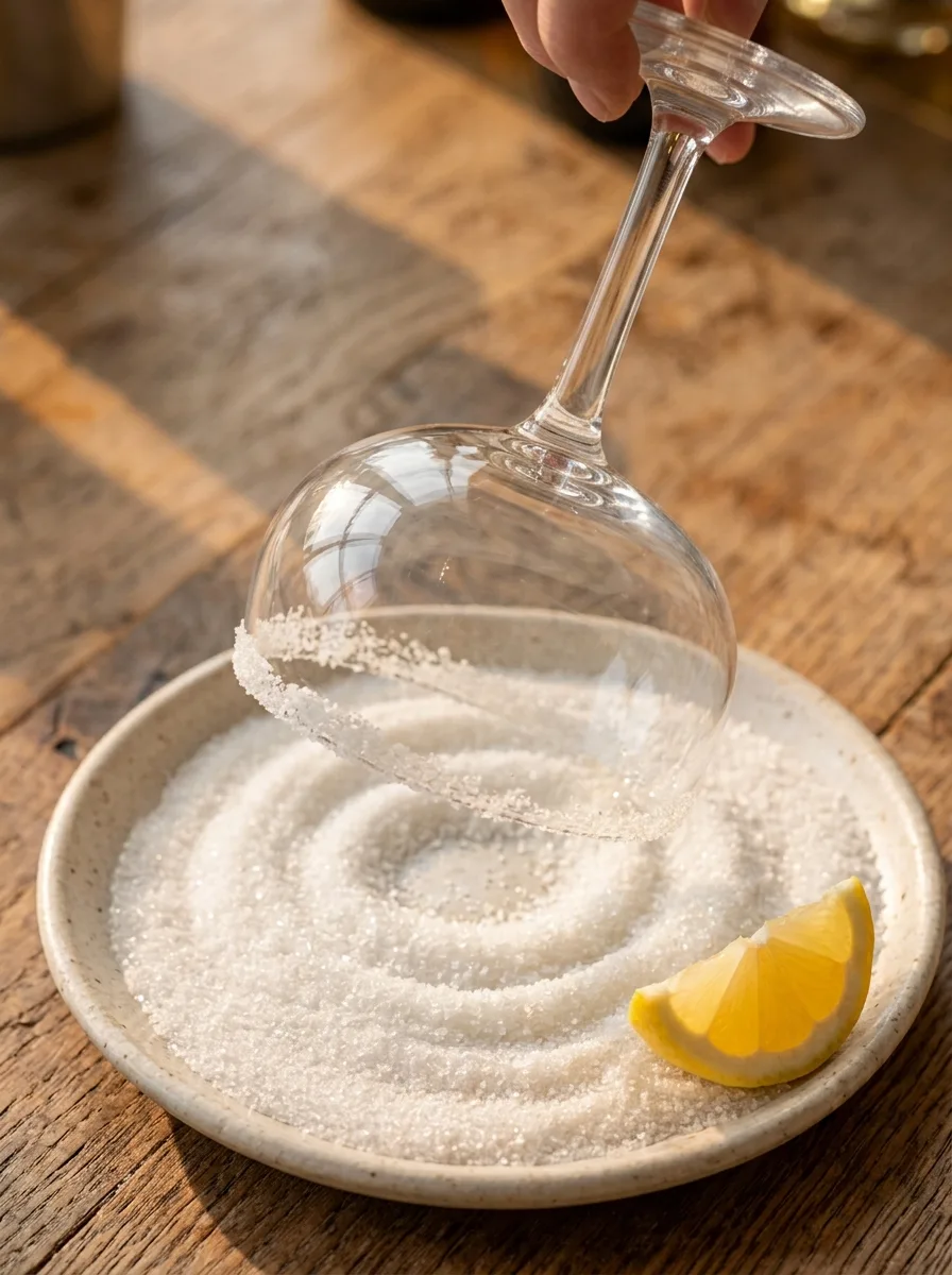 Rimming a coupe glass in sugar with a lemon wedge nearby.