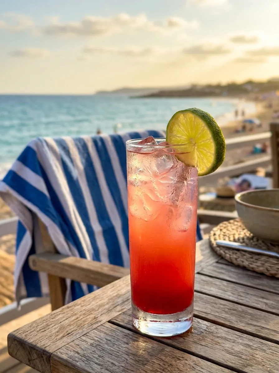 A sea breeze in a highball with pink cranberry and grapefruit layers and a lime wedge.