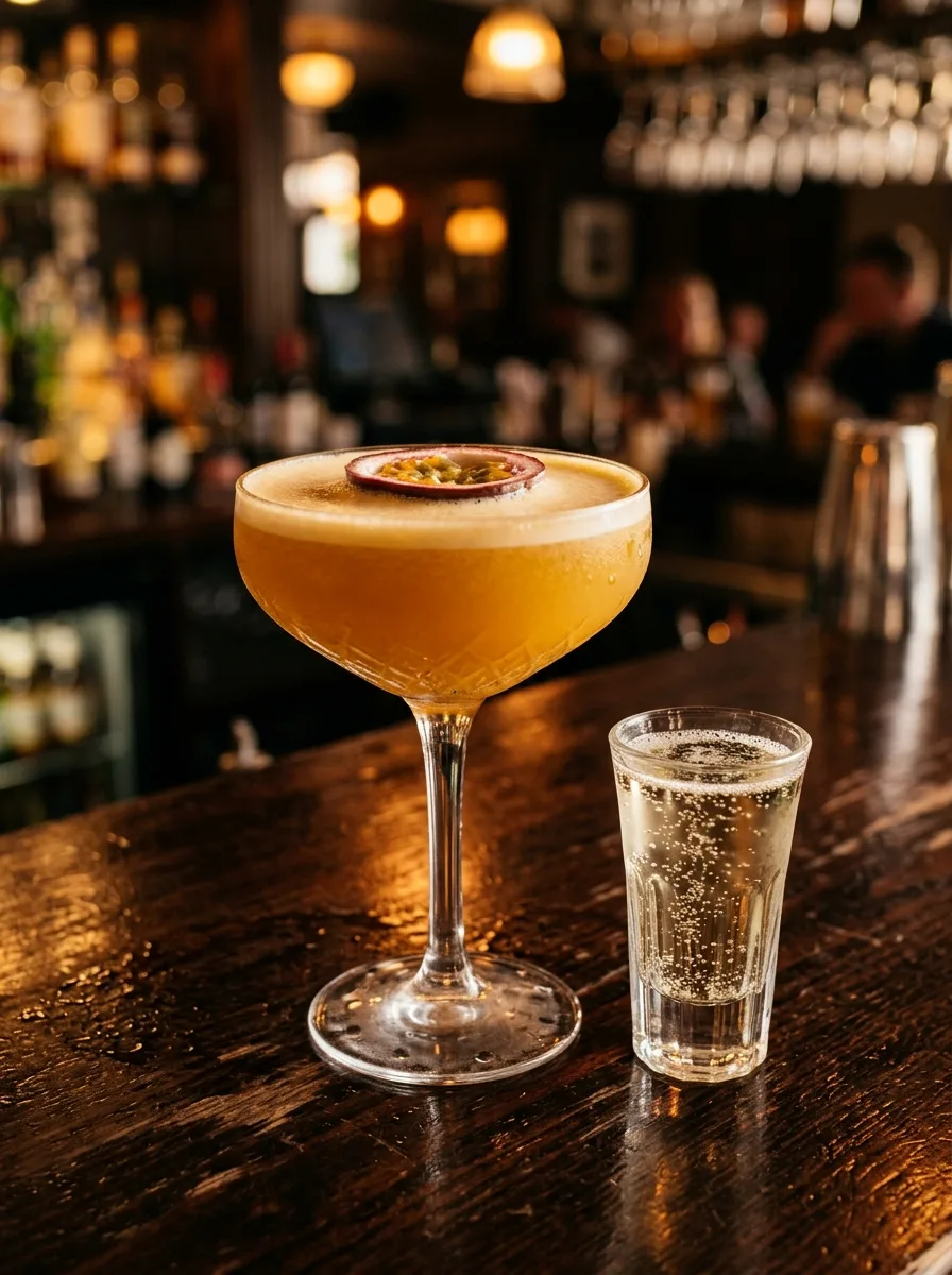 A golden passion fruit martini with half a passion fruit floating and a shot of sparkling wine on the side.