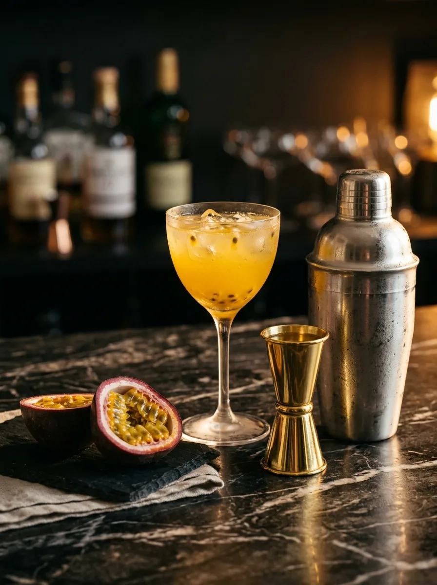 Halved passion fruits showing seeds next to a jigger and shaker.