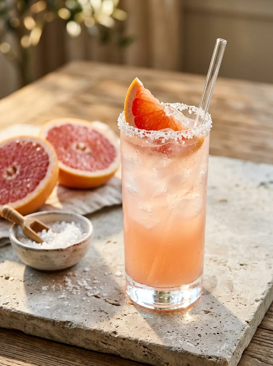 A salty dog in a highball with a coarse salt rim and a grapefruit wedge.