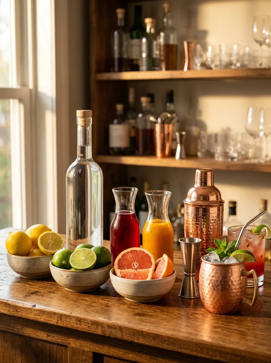 A home bar setup with a vodka bottle without label, citrus, ginger beer, cranberry juice, and tools.