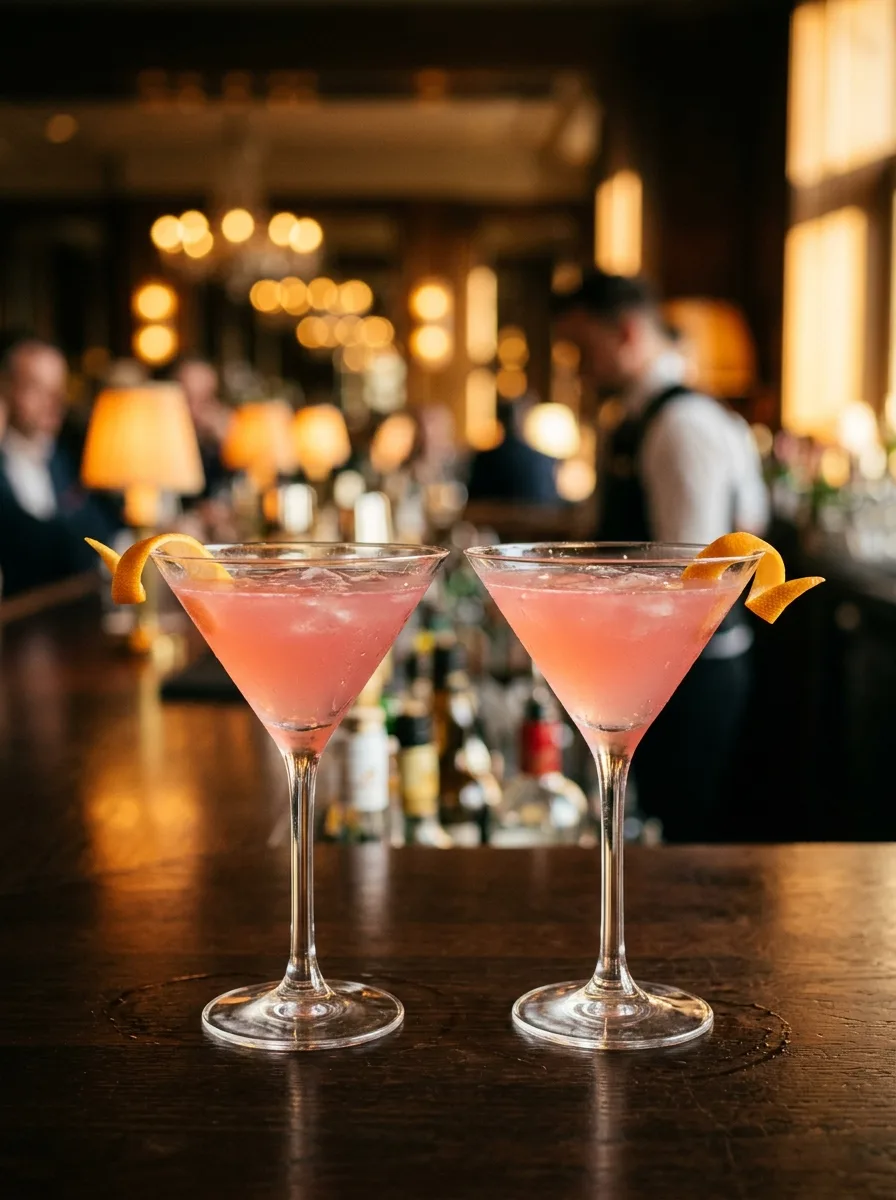 A cosmopolitan and its zero-proof twin side by side in martini glasses.