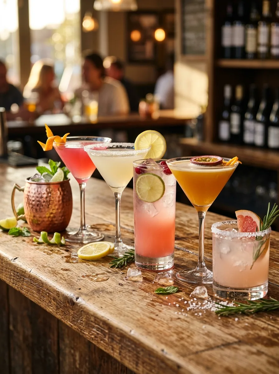 All six vodka cocktails lined up on a long bar.
