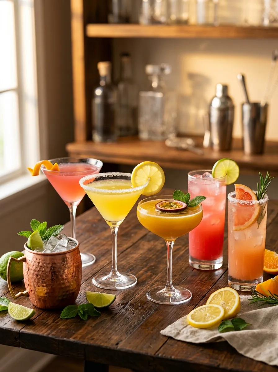 Six vodka cocktails on a bar: a copper Moscow mule, a pink cosmopolitan, a sugar-rimmed lemon drop, a passion fruit martini, and highballs of sea breeze and salty dog.