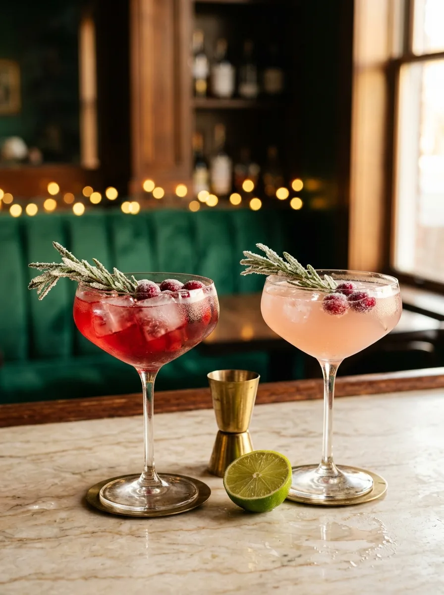 A cranberry rosemary cocktail in a coupe beside its blush-pink zero-proof twin on a cream marble bar top, glowing in warm golden-hour light.