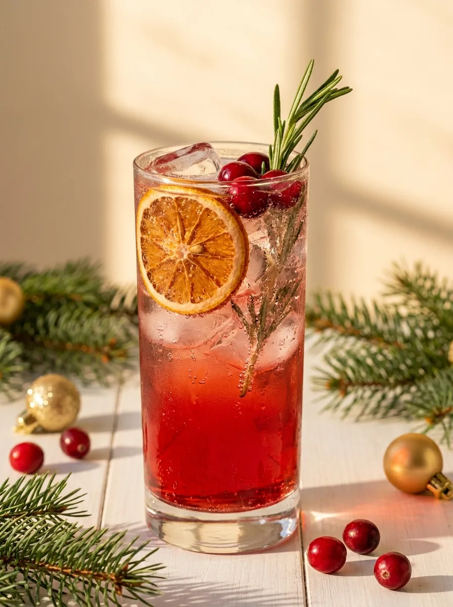 A tall cranberry orange rosemary spritzer with ice, orange slices, and a rosemary sprig.