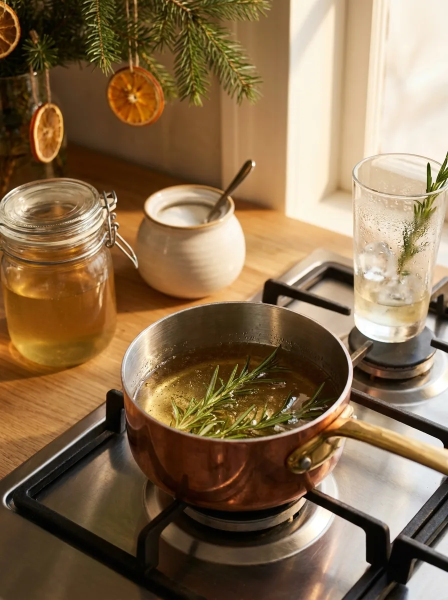A small saucepan of rosemary syrup with rosemary sprigs steeping.