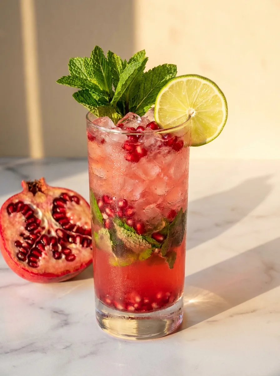 A pomegranate mint nojito with crushed ice, pomegranate seeds, and a mint bouquet.