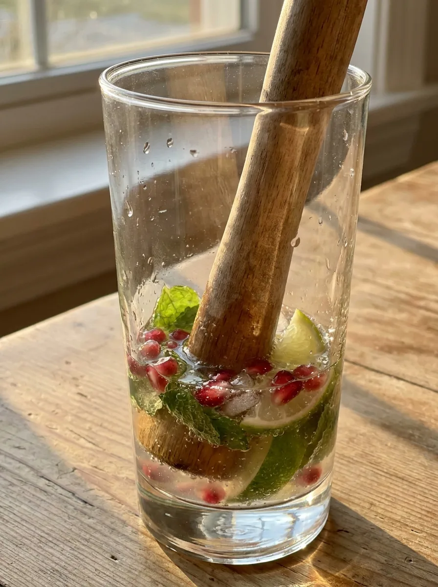 Fresh mint leaves and lime wedges in the bottom of a glass being gently pressed.