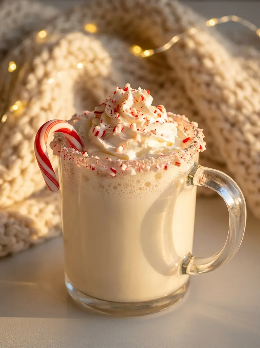 A mug of candy cane white hot chocolate with whipped cream and crushed peppermint on top.