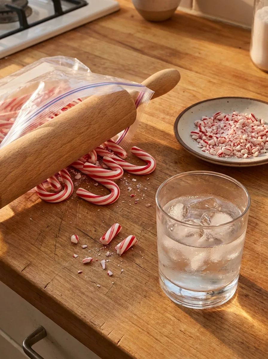 Candy canes being crushed in a bag with a rolling pin for a mug rim.