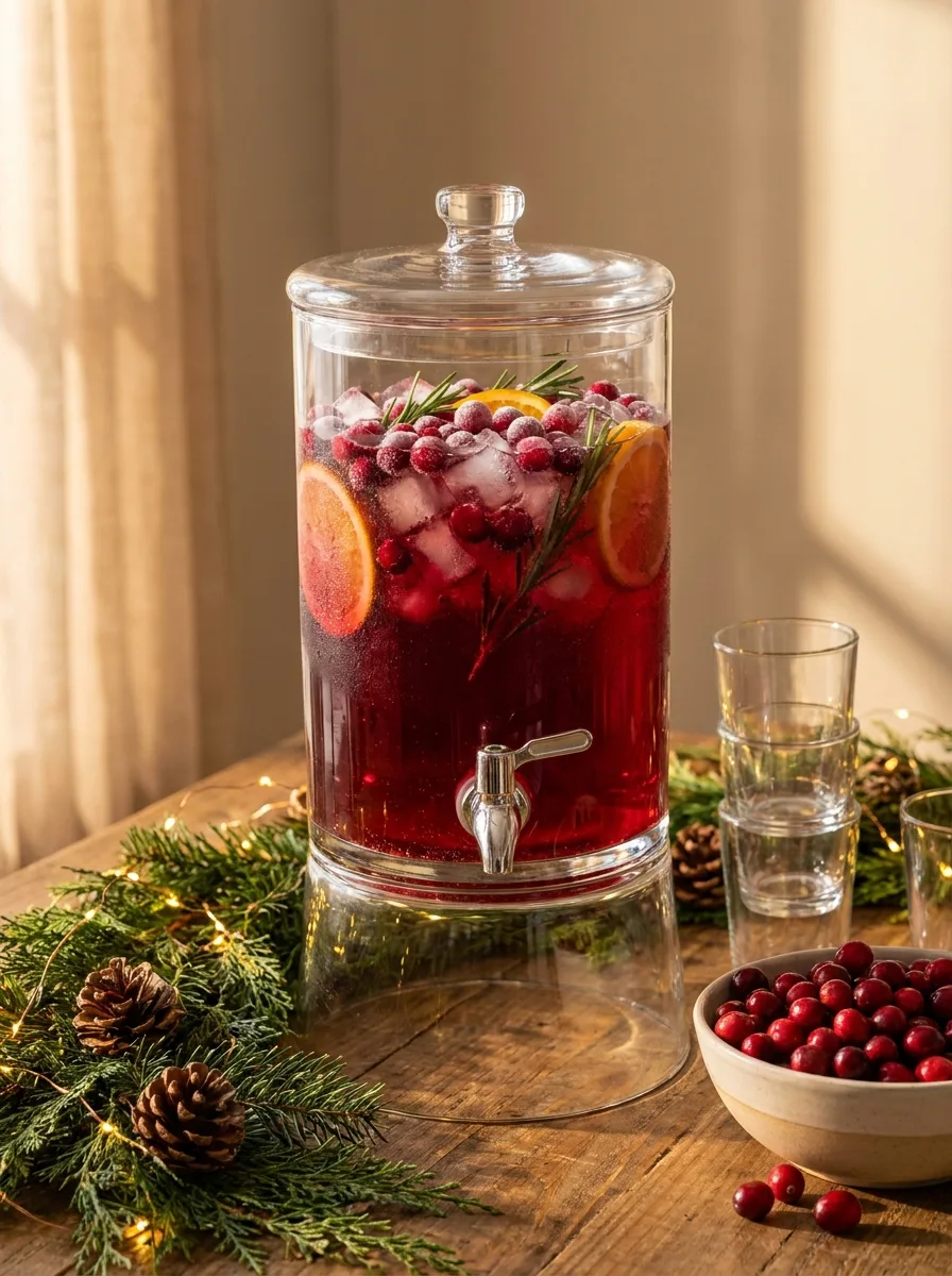 A glass drink dispenser of sparkling red Christmas punch with frozen cranberries and orange slices.