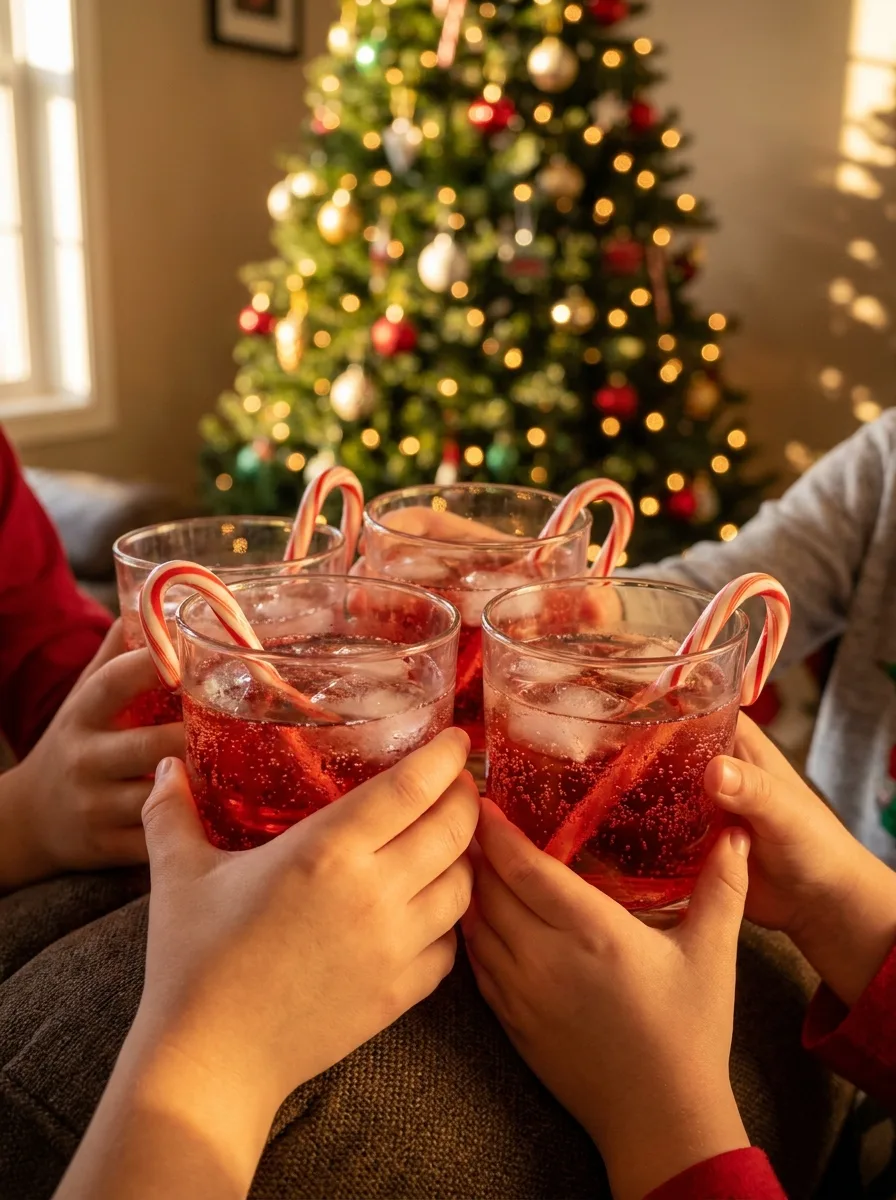 Kids' hands holding cups of red Christmas punch with candy cane stirrers.