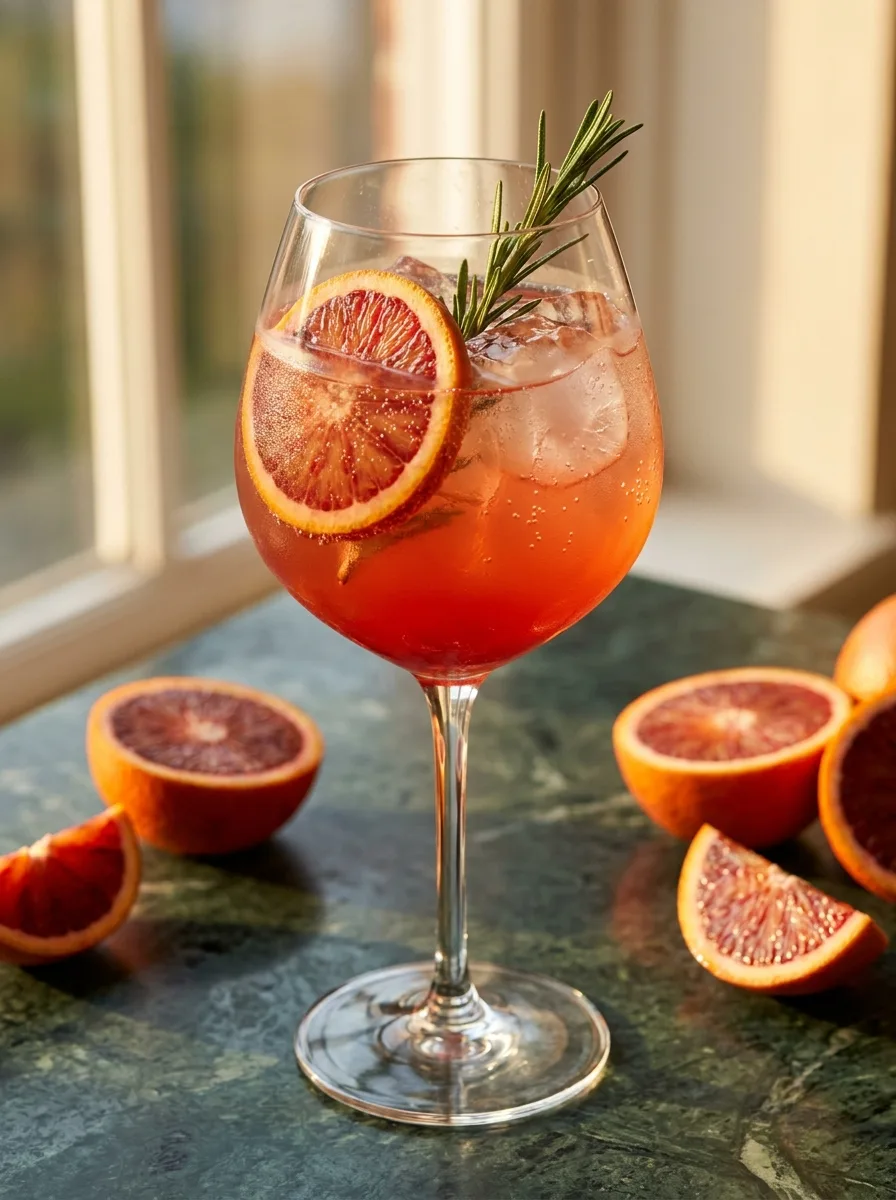 A blood orange rosemary tonic in a large wine glass with a blood orange wheel.