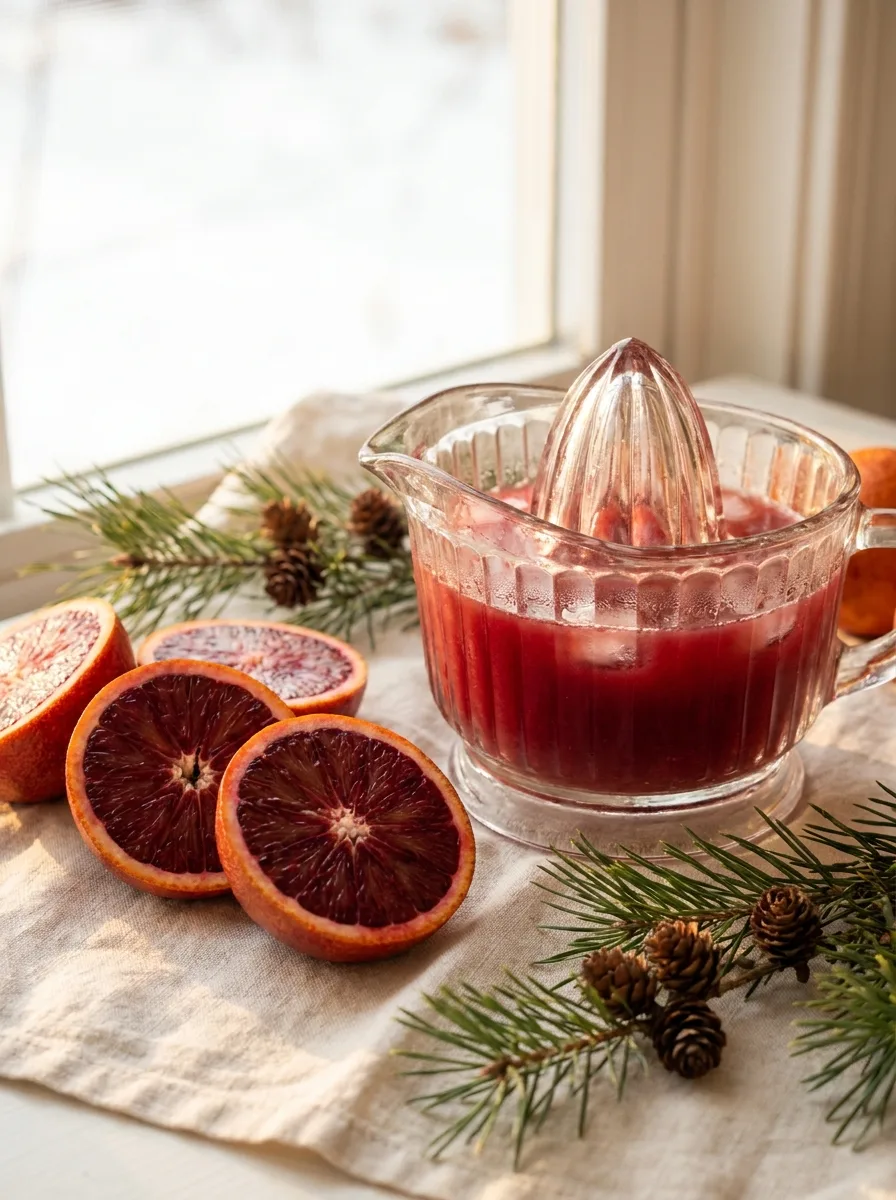 Halved blood oranges showing their crimson flesh next to a citrus press.