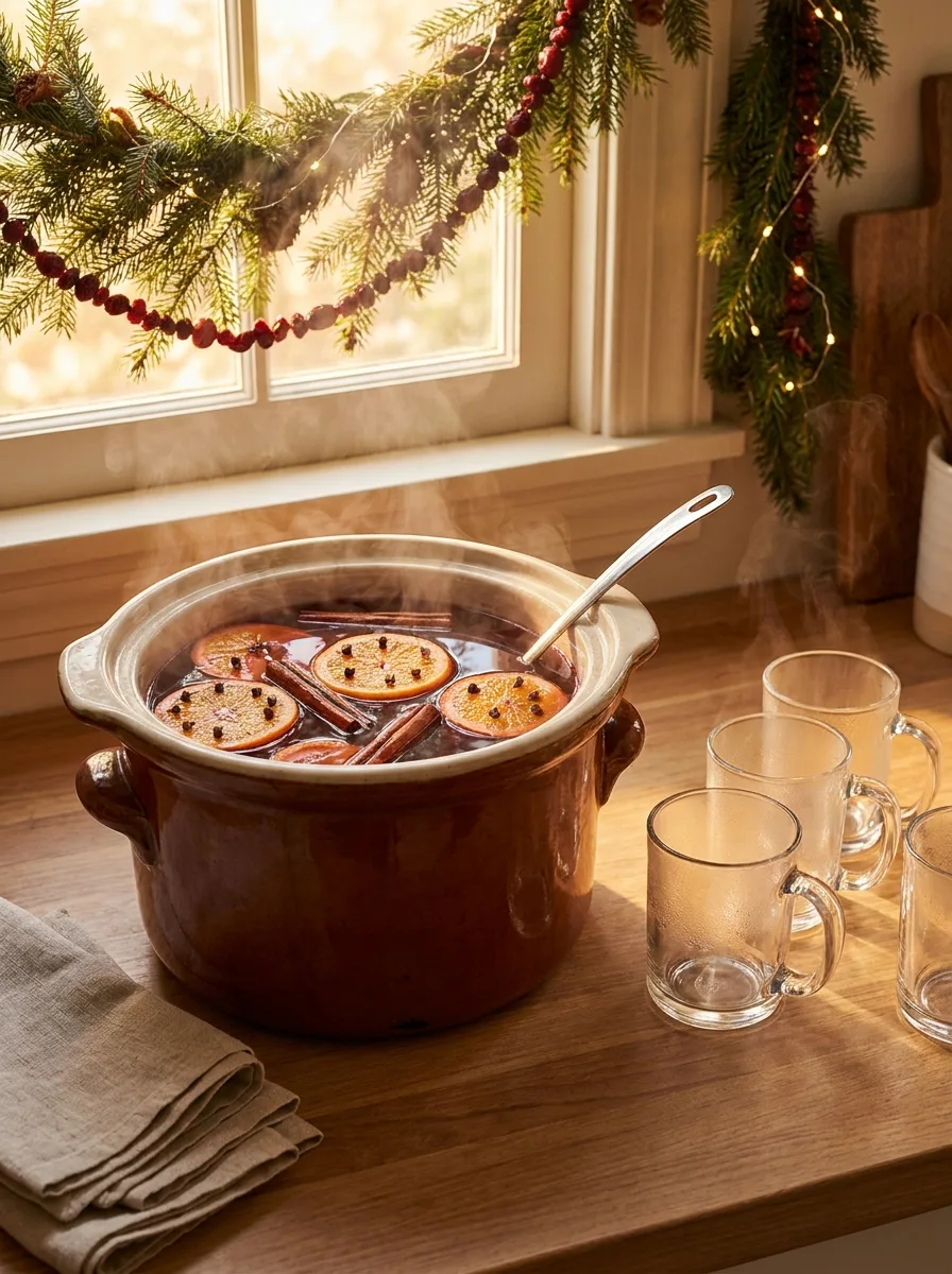 A slow cooker of hot mulled cranberry cider with orange slices and cinnamon sticks.