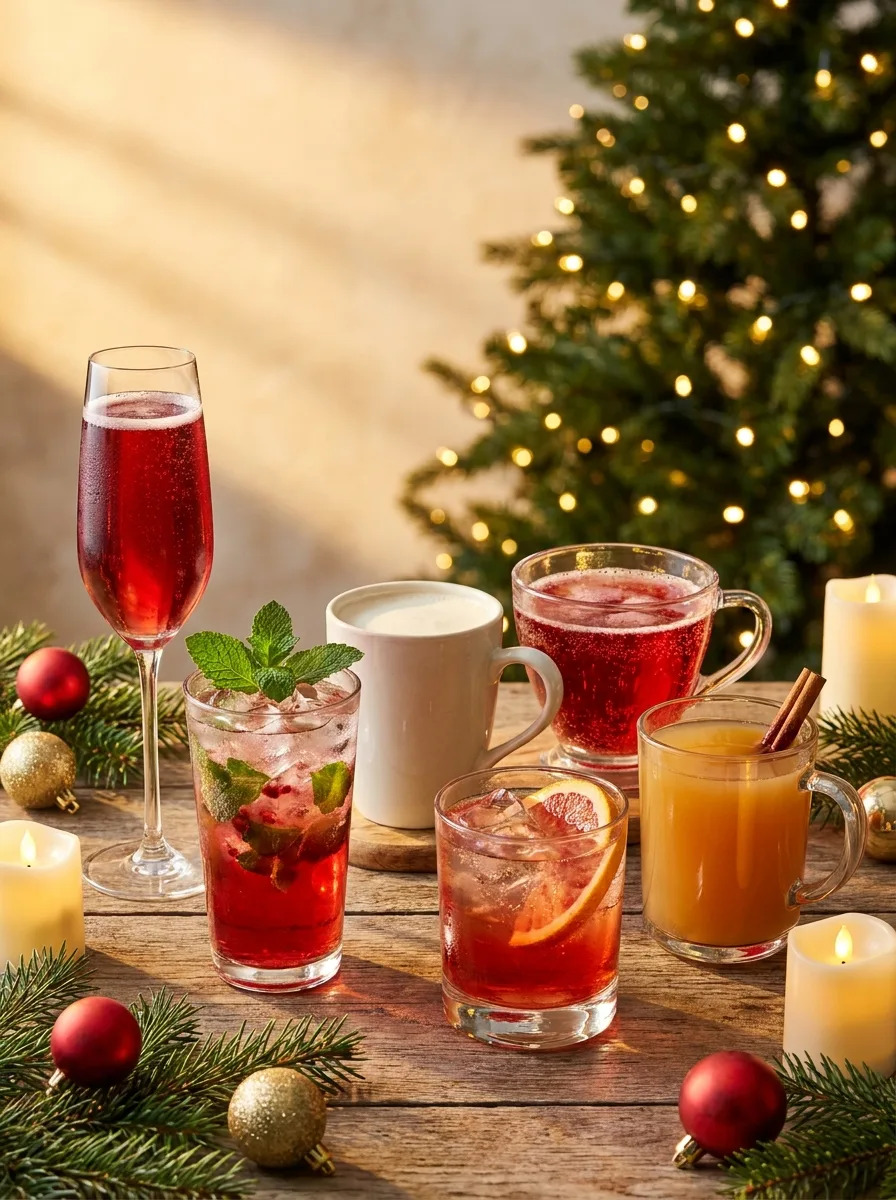 All six festive Christmas mocktails arranged on a holiday table.