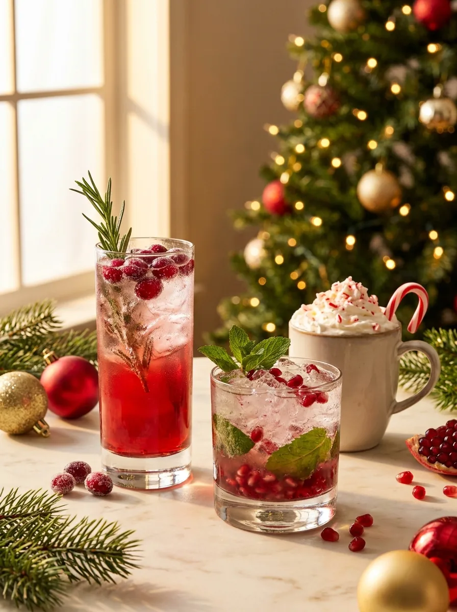 Festive Christmas mocktails on a table by the tree: a ruby cranberry rosemary spritzer, a pomegranate nojito, and a white hot chocolate with a candy cane.