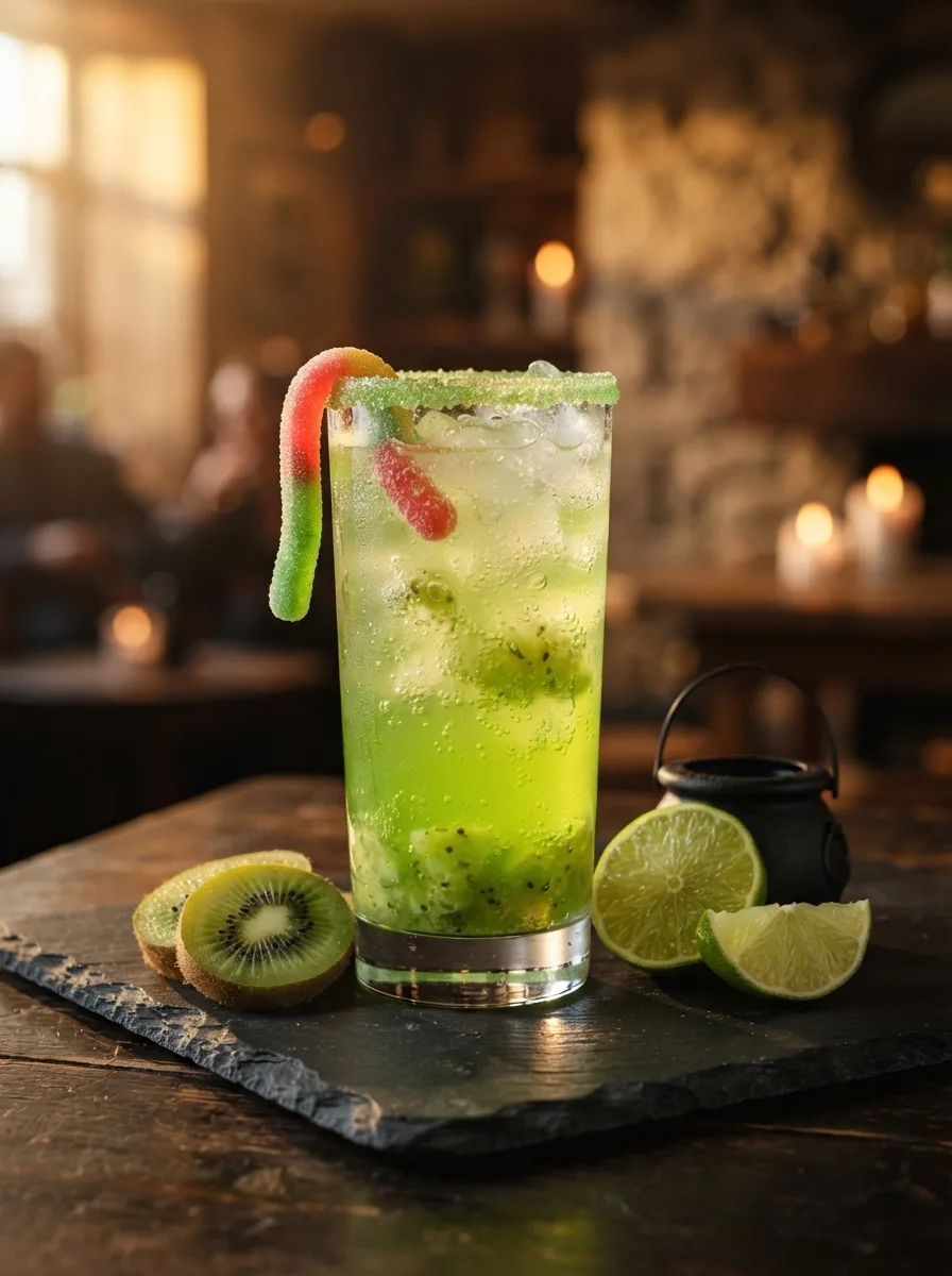 A bright green kiwi witch's brew fizz in a tall glass with a green sugar rim and a gummy worm.