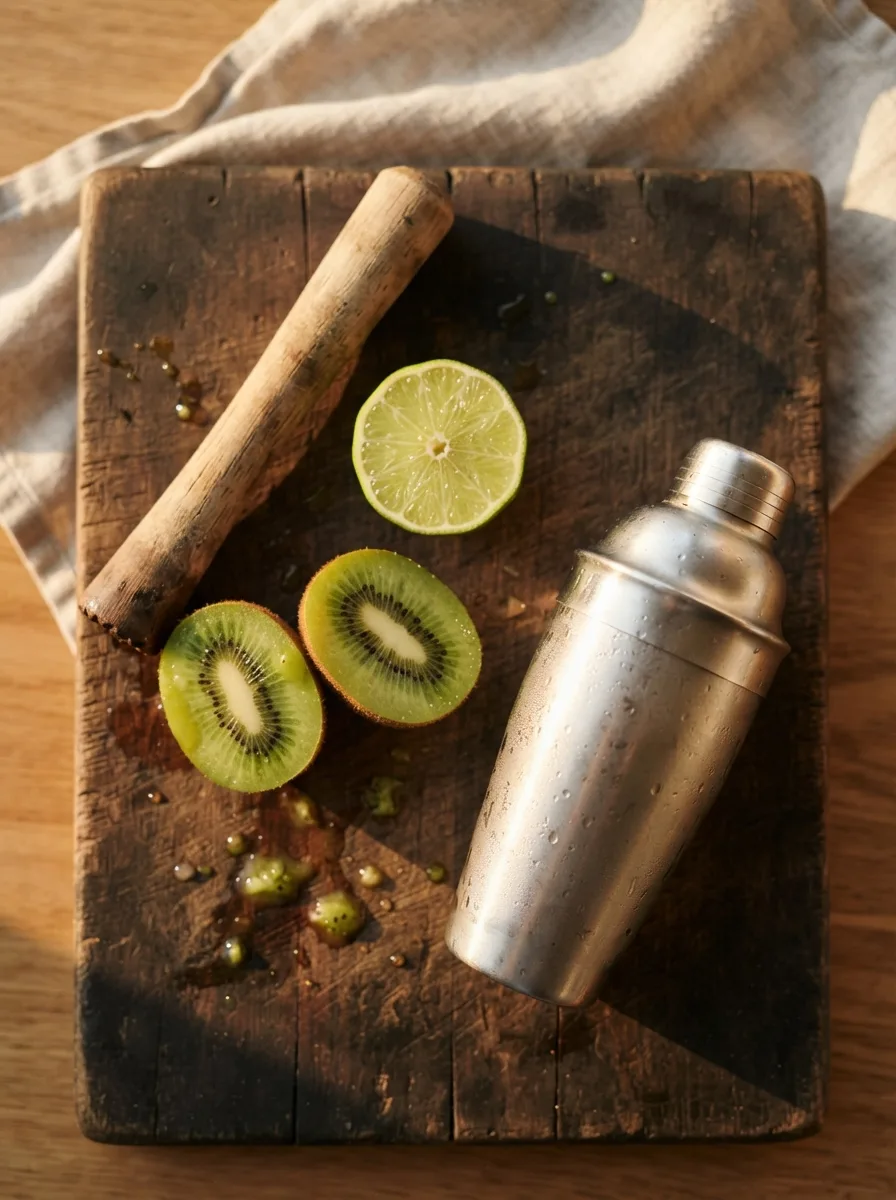 Peeled kiwi halves and limes next to a cocktail shaker on a cutting board.
