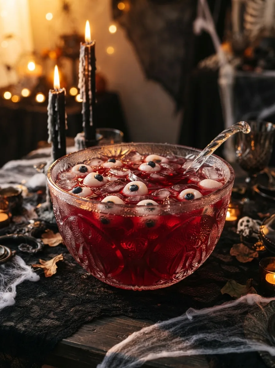 A glass punch bowl of deep red vampire punch with lychee eyeballs floating on the surface.