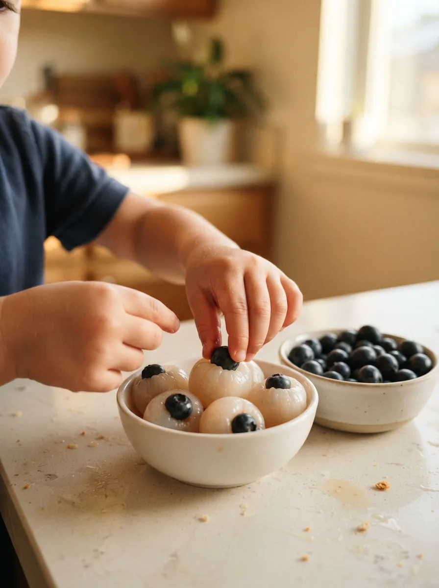 Small hands placing blueberries into canned lychees to make eyeball garnishes.