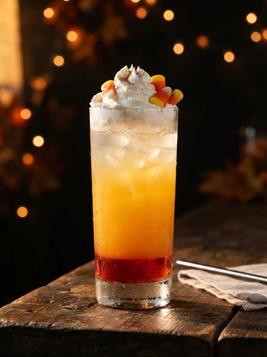 A layered candy corn sunrise drink with a red base, orange middle, and whipped cream top.