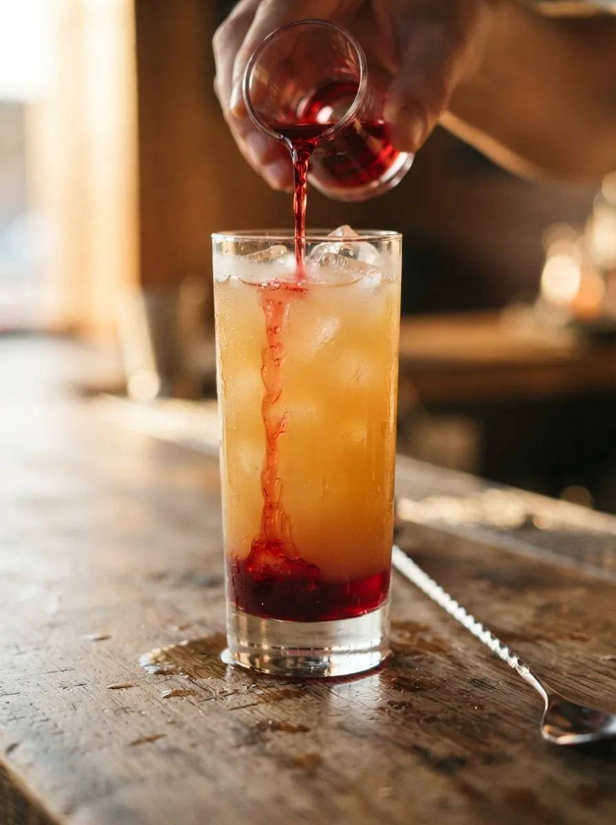 Grenadine being poured slowly down the inside of a glass of orange juice to form a red layer.