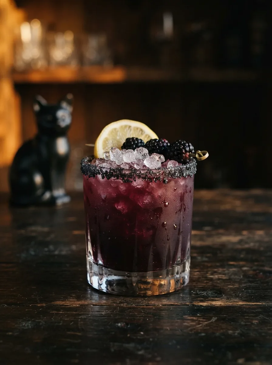 A dark purple black cat blackberry lemonade with a black sugar rim and a lemon wheel.